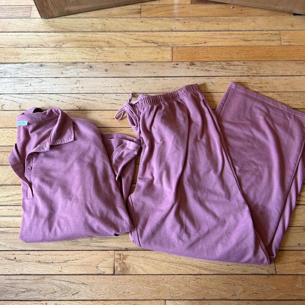 Ekouaer XL Lounge Set Dusty Rose Pink Polo Pullover & Wide Leg Pants 2pc